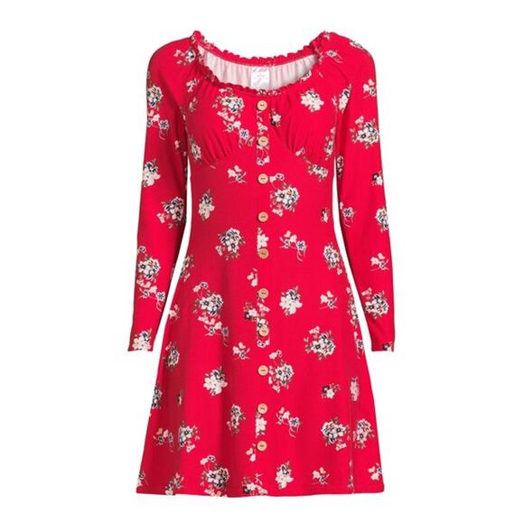 No Boundaries Red Floral Button Detail Knee length Long Sleeve Dress L - Picture 2 of 4